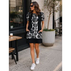 David Meister Silk Shift Dress Black White Geometric Print Puff Sleeve Pockets 2